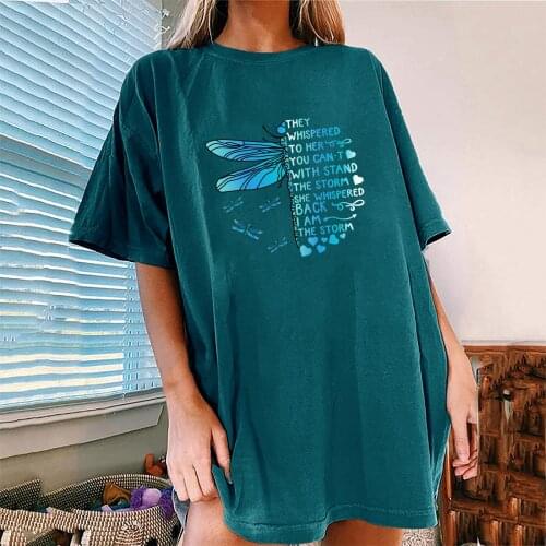 They Whispered To Her Print Funny Blue Dragonfly Tshirt Women Drop Shoulder Half Sleeve Loose Tee Shirt Femme Casual Summer Tops