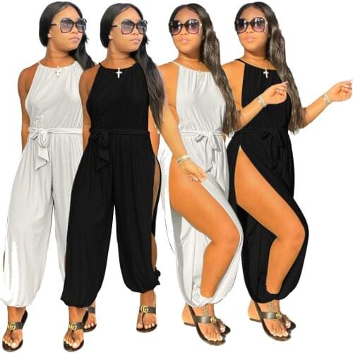Black White Side High Split Hollow Out Jumpsuits Long Pants with Belts One Piece Womens Halter Sleeveless Party Outfits Rompers