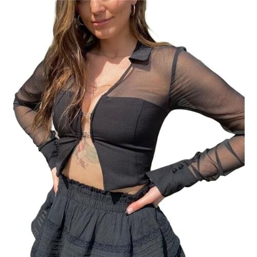 Women Casual Long Sleeve Cardigan Fashion Solid Color Mesh Yarn Stitching Exposed Navel Shirt, S/M/L