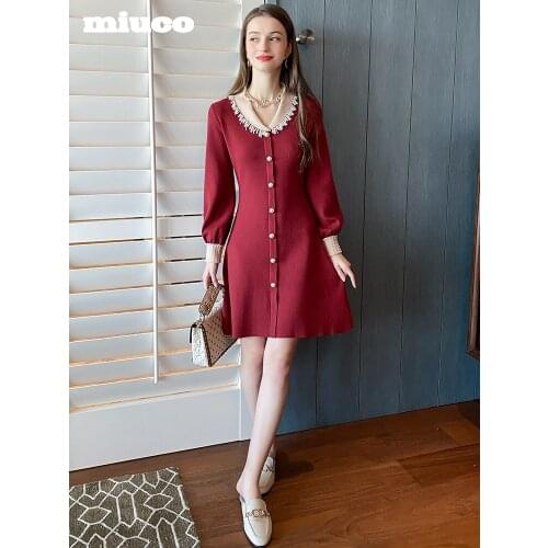 Beaded single breasted Lantern Sleeve A Womens Knitted Dress 2021 Spring new High Quality Top Quality