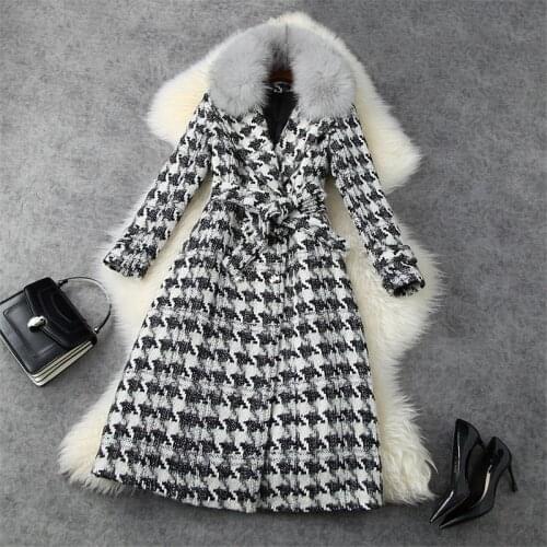 Winter Women Fur Collar Thicken Warm Wool Blends Long Overcoat Elegant Lady Vintage Houndstooth Woolen Jackets Coats Outerwear
