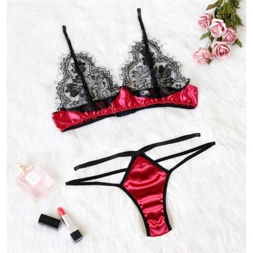 2019 Sexy Eyelash Lace Satin Bralette Sets Womens Lingerie Satin Bra & Brief Sets Big Size Summer Eyelash Lace Bra Panty Set