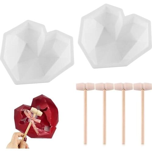 6Pcs/set Diamond Heart Cake Mold Chocolate 3D Love Mousse Nonstick Silicone Soap Candle Molds with Wooden Hammers for Kitchen