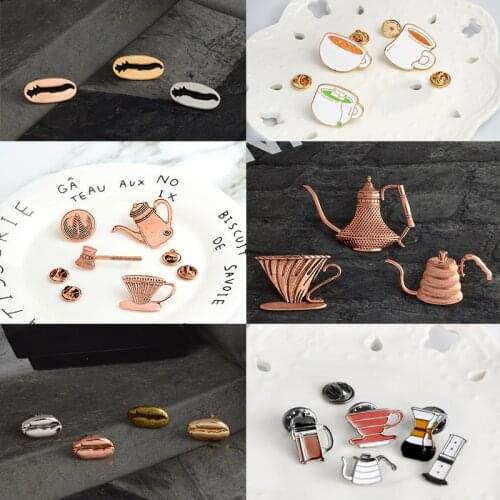 American Coffee set enamel Pins Tea-set Coffee-beans Brooches Copper teapot lapel Pin Badge Shirt bag Jewelry coffee lovers gift