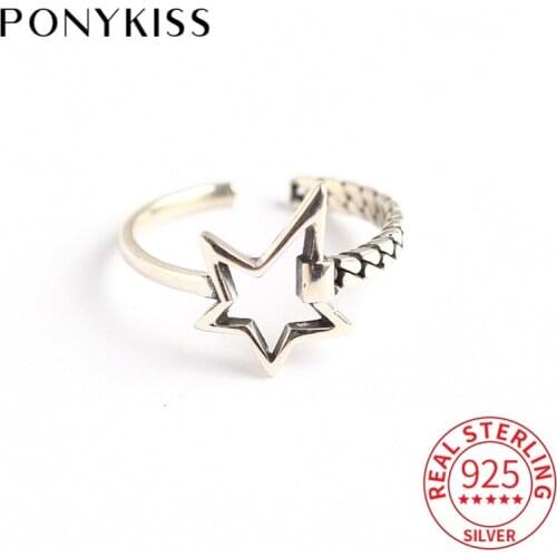 PONYKISS 100% S925 Sterling Silver Pentagram Resizable Opening minimlist Ring for Women Birthday Party Fine Jewelry Gift