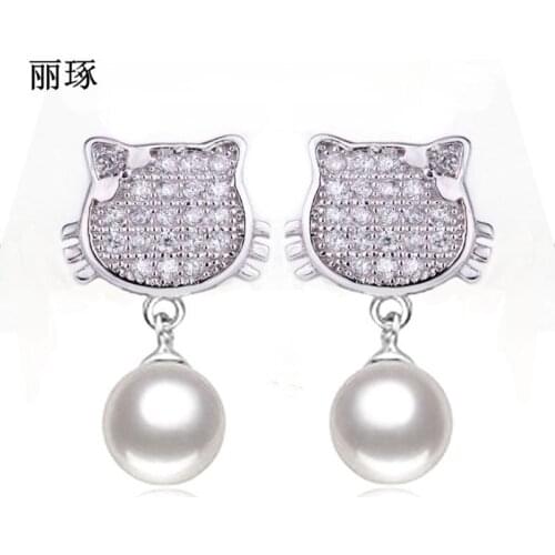 Korean version of S925 metal products earrings female KT cat pearl earrings inlaid crystal zircon jewelry for girlfriend