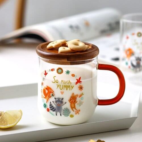 Creative Cute Raccoon Solid Wood Cover Coffee Mug Glass Cup Milk Juice Tea Cup for Drinking Tea Espresso Coffee Juice Great Gift