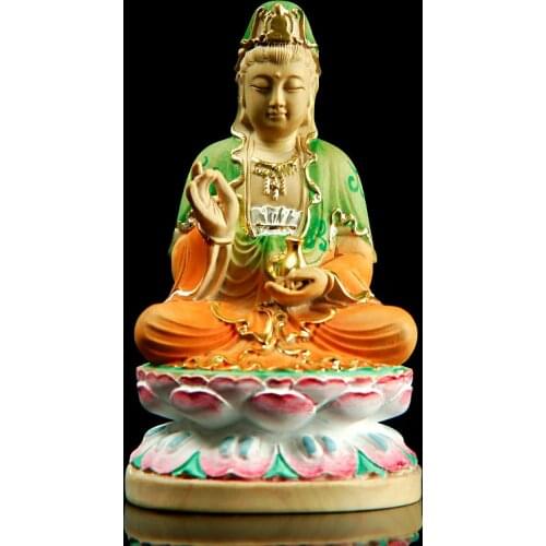 10CM Painted Guanyin Bodhisattva Small Figurines Wood Statue Crafts Buddha Boxwood Home Decoration Feng Shui Boat Decors
