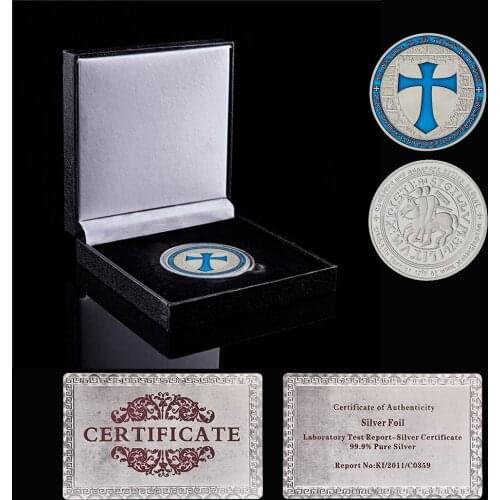 Masonic Crusader Knights Templar Blue Token Silver-Plated Metal Coin Souvenir Coin W/ High-End Box