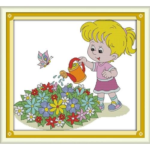 The little girl watering flowers cross stitch kit bird 14ct Pattern printed DMC embroidery handmade needlework craft supplies