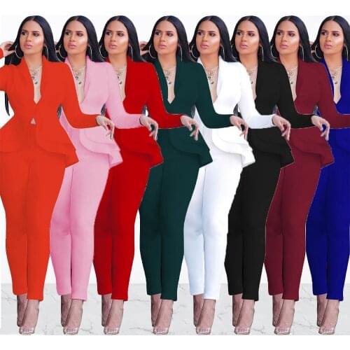 New Fashion Womens Set Tracksuit Full Sleeve Ruffles Blazers and Pencil Pants 2pcs Office Lady Work Outfits Solid Color 2XL