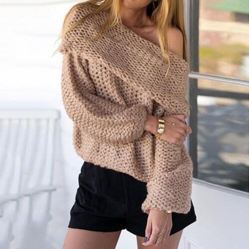 Slash Neck Off Shoulder Loose Sweaters Women Knitted Pullovers Autumn Winter Knitwear Long Sleeve Thick Line Sweater