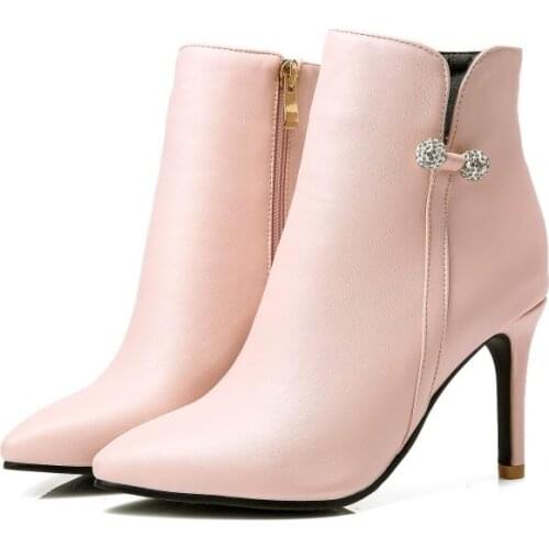 Big Size Ma'am Short boots Pure color Water drill Pointed Boot barrel High heel boots