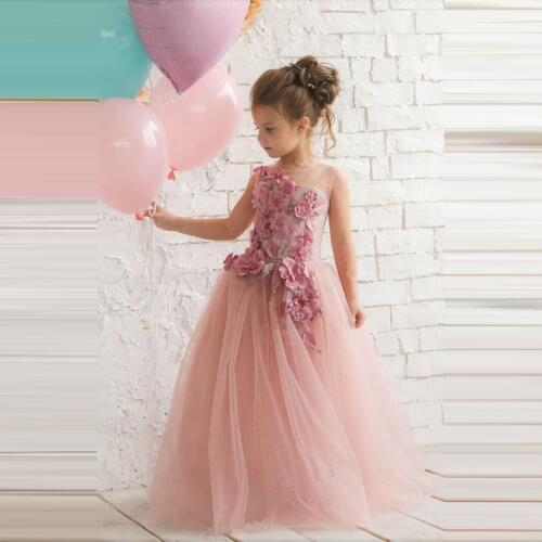 Pink Lace Flower Girl Dresses Handmade 3D Florals Beaded Jewel Neck A-line Girls Dresses For Bridal Party vestidos comunion 2020