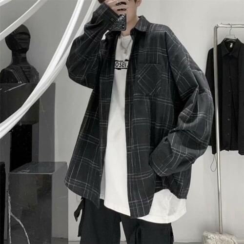 100% Cotton Plaid Shirts Men Summer Autumn Loose Shirt Hip Hop Couple Shirts Harajuku Tops Streetwear Punk Funny Blouse Shirt