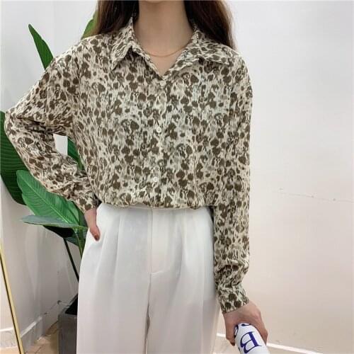 Oversized Shirt Leopard Print Blosue Womens Casual Loose Retro Long Sleeve Tops Spring 2021