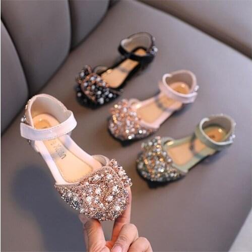 Hot Summer Girls Leather Shoes Girls Sandals With Bow Diamond Princess Party Dance Shoes Soft Flat Sandals For Girls Kids Sandal