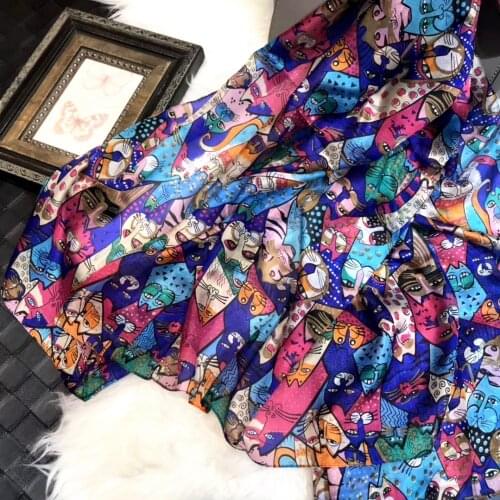 [BYSIFA] 2018 New Blue Pink 100% Silk Scarf Shawl Fashion Accessories Cute Cartoon Cat Pure Silk Scarf Fall Winter Long Scarves