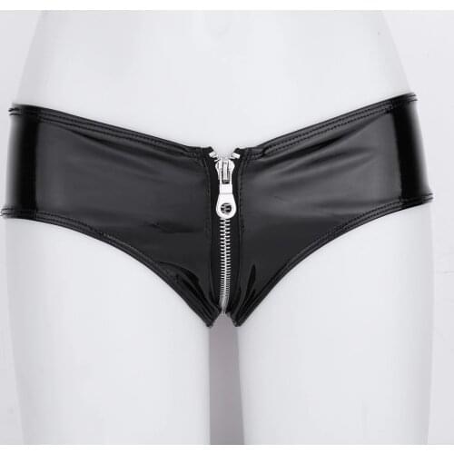 Sexy Women Zipper Open Crotch Crotchless Panties Fetish Latex Shorts Pole Dance Booty Shorts Low Rise Underwear Briefs Lingerie