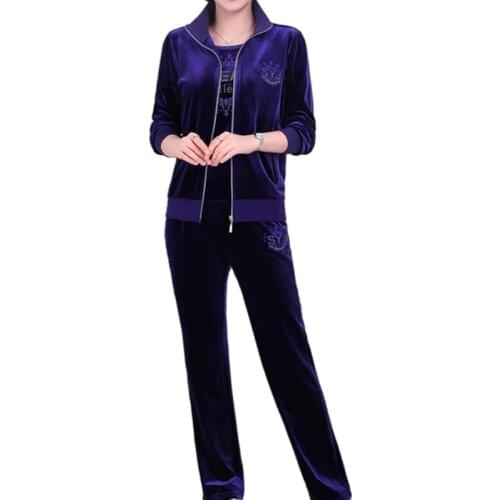 Spring Autumn Gold Velvet Middle Age Women Suit Large Size Casual Zipper Sweatshirt Gold Velvet 3 Piece Set