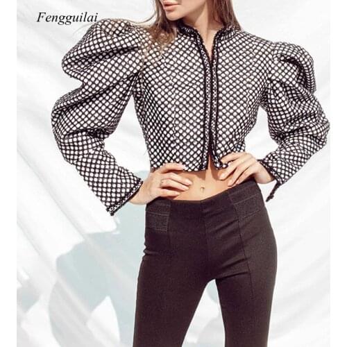 Ruched Plaid Jackets for Women o Neck Puff Long Sleeve Short Female Coats Autumn Fashion Clothing 2021 Tide