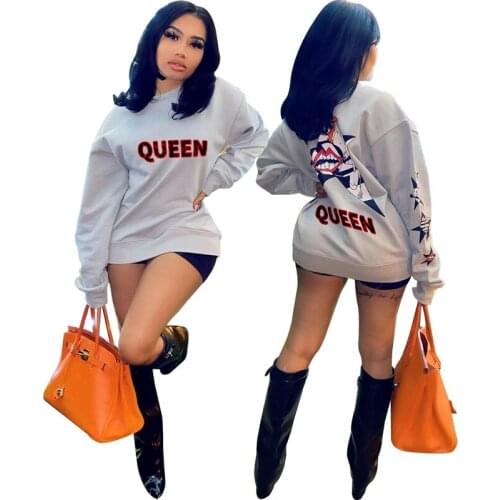 ZKYZWX Queen Print Woman Tshirts Graphic Casual Loose Long Sleeve Pullover Top Fashion Clothes Aesthetic Cute Oversize T Shirt