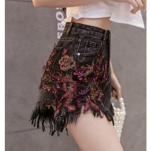 Womens Fashion Embroidered flower Denim Short Jeans Sexy Punk Sexy Hot Woman Shorts Feminino