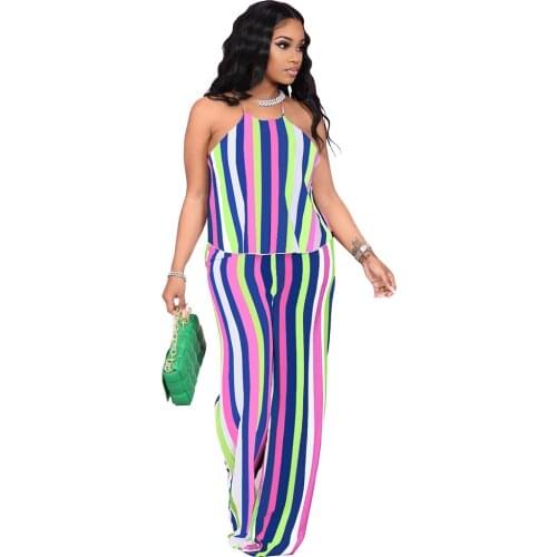 2 Piece Female Sexy Stripe Hanging Neck Sleeveless Vest + Small Bell Bottoms New Summer Fashion Casual Trouser Suit Home Wear