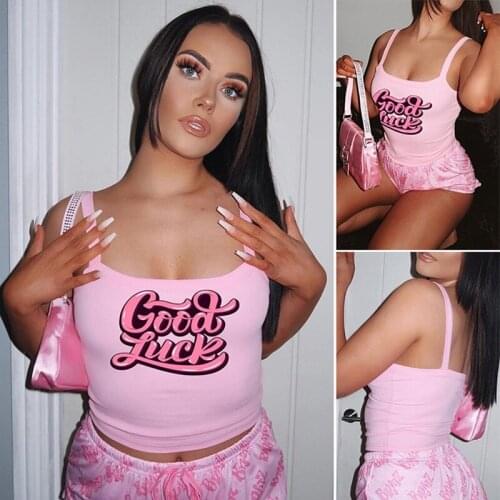 Womens Print Lace Sexy Tank Top Ultra Short Halter Tube Top"Good Luck" Pink