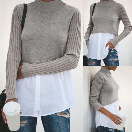 Women 2 In 1 Patchwork Pullover Tops Ribbed Knitted Long Sleeve Sweater Button Down Layered Shirt Blouse Hem Jumper