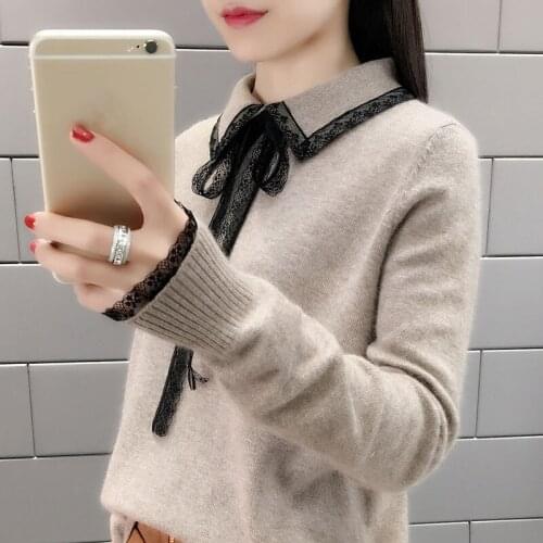 Women Knitted Sweater Pullover 2021 Autumn Winter Korean Lace Doll Collar Fake Two Knitwear Bottoming Shirt Ladies Tops H1101