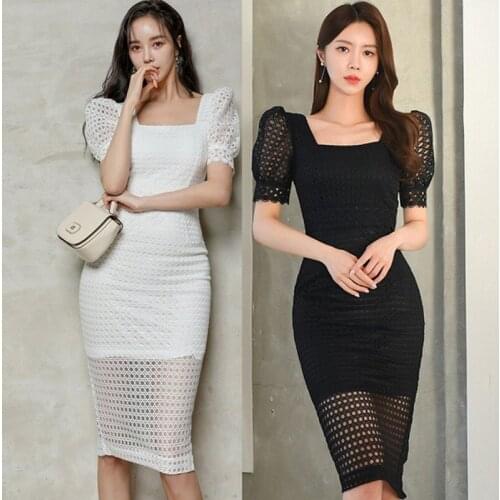 2021 Summer Elegant Womens Hollow Out Lace Dresses Office Bodycon Pencil Sheath Dress Party Vestidos