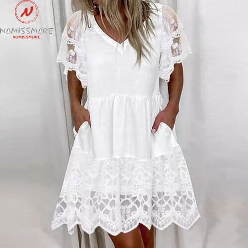 Women Solid Color A-Line Dress for Streetwear Patchwork Design Lace Pockets Deocr See Through V-Neck Mid Waist Slim Dress