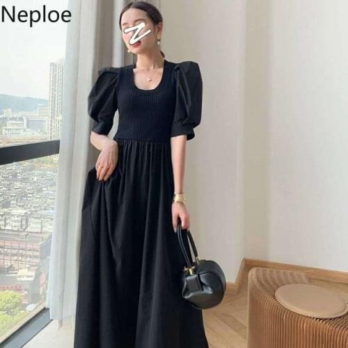 Neploe Korean Patchwork Knitted Dress Women 2021 Summer Square Collar High Waist Vestidos Puff Half Sleeve Vintage Maxi Dresses