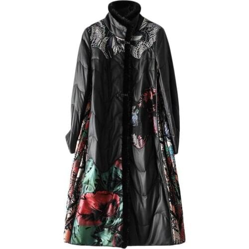 Printed Sheepskin Leather Suede Coat Duck Down Lingning Mink Fur Trimming Winter Women Outerwear Suit LF21052HH