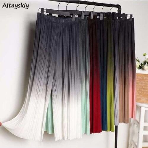 Pants Women Wide Leg Chiffon Fashion Gradient Various Colors Leisure Loose Elastic Waist Folds Ankle-length Breathable Summer