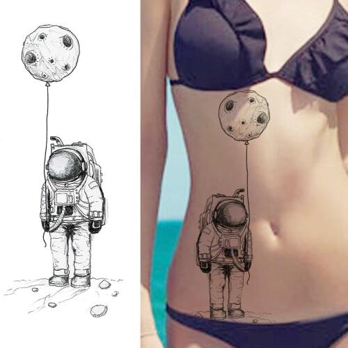 Black Big Astronaut Cartoon Temporary Tattoos For Lday Cute Space Man Children Tattoo Sticker Women Body Art Waterproof Tatoos