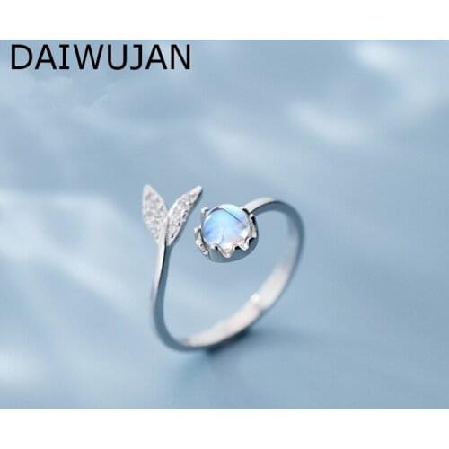 DAIWUJAN Cute 925 Silver Mermaid Tail Adjustable Ring Personality Moonstone Open Rings For Women Party Elegant Accessories