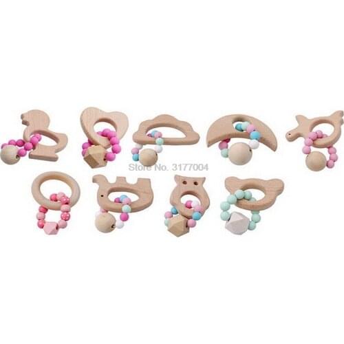 DHL 500pcs Wood Baby Teether Bracelet Animal Shaped Teething Ring Baby Organic Silicone Beads Baby Stroller Accessories