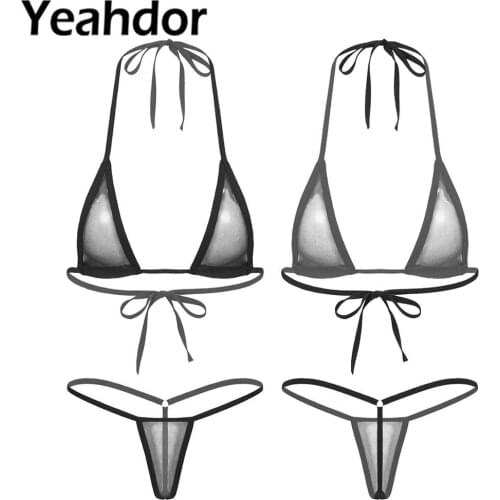 Women Sexy See-through Two-Piece Swimsuits Triangle Bikini Swimwear Halter Lace-up Bra with T-back Briefs Thong Nightwear