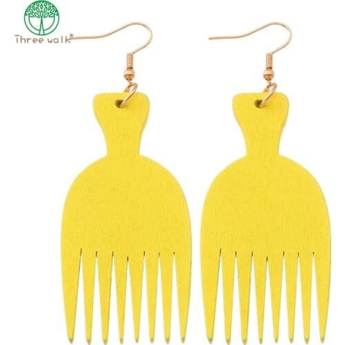 E157 African Comb Wood Earrings , Afro Women Pick Gift Wooden Jewelry