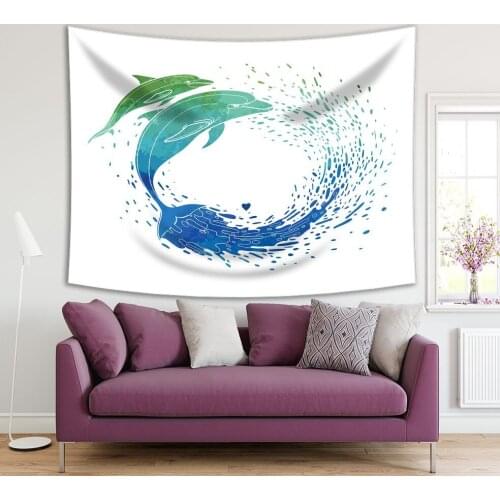 Tapestry Dolphins with Circle of Water Splashes Summer Sea Ocean Creatures Wild Animals Watercolor Art Blue Green