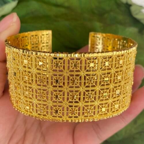 Trendy Dubai Bangle for Women 24k Gold Color Copper Ethiopian Wide Indian Bracelet African Jewelry Saudi Arabia Wedding Gifts