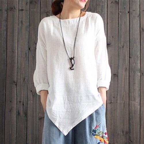 2021 Autumn New Style Blouse Solid Color Literary Irregular Hem Bottoming Cotton and Linen Blouse Womens Clothing