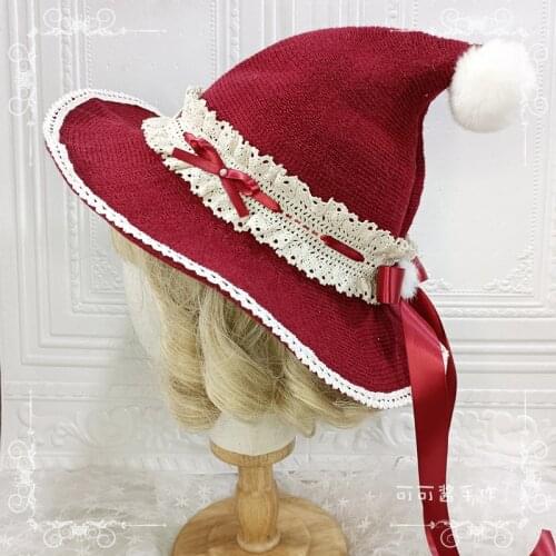 New Year Knitted Wool Cap Lolita Autumn Winter Halloween Witch Hat Soft Sister Sorceress JK Bowknot Lace Peaked Cap Xams Cosplay