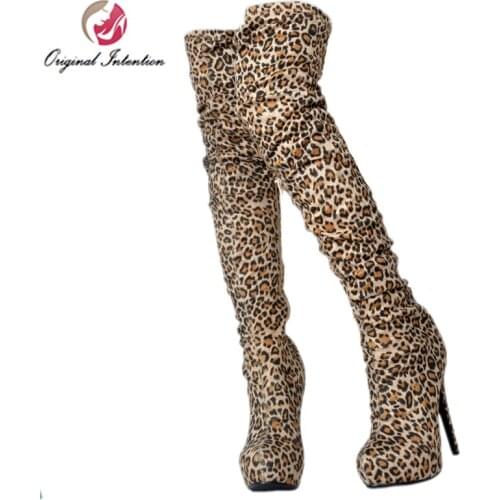 Original Intention Women Sexy Over the Knee Boots Leopard Thigh High Heels Botas Mujer Platform Rond Toe Shoes Woman Big Size 15