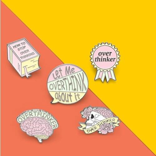 Overthinker Enamel Pin Custom Overthinking Award Brain Skull Book Brooches Bag Lapel Pin Cartoon Badge Jewelry Gifts for Friends