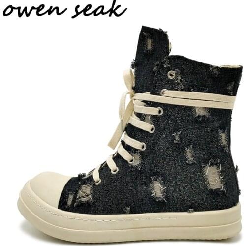 Owen Seak Men Casual Canvas Shoes Luxury Trainers Ankle Boots Lace Up Sneakers Zip High-TOP Hip Hop Streetwear Flats Black Shoes