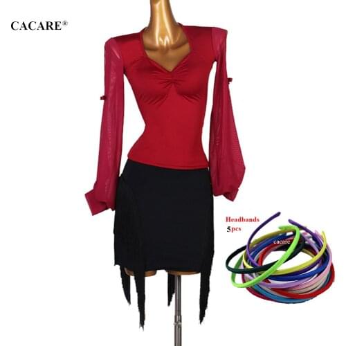Latina Ballroom Dance Competition Dresses Top Shirt Skirt Set Waltz Dress Latin Dance Dresses D0980 Mesh Sleeve Tassels Hem