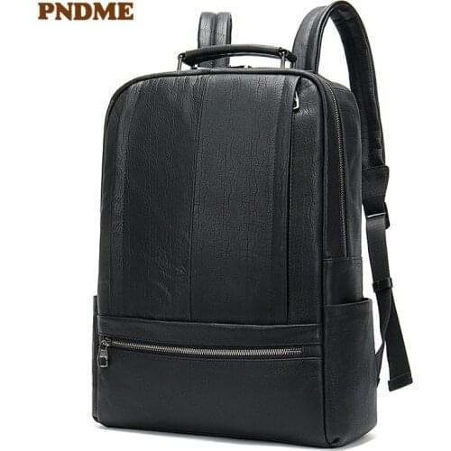 PNDME casual black genuine leather mens backpack high quality cowhide outdoor large capacity travel laptop bagpack bookbag